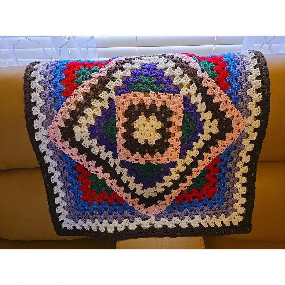 Vtg Handmade Granny Square Crochet Afghan Blanket 30x29 Boho Multi-Color Retro